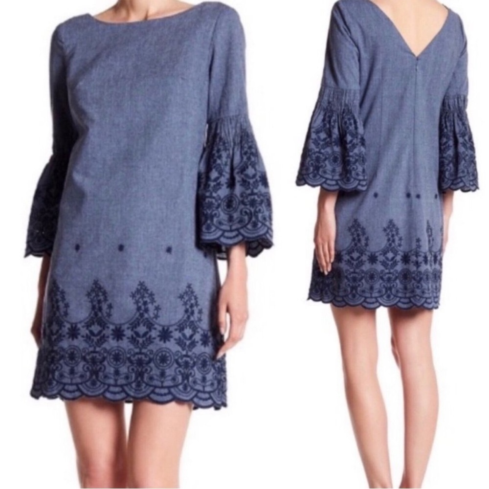 Eliza J Blue Chambray Embroidered 3/4 Bell Sleeve Boat Neck Mini Dress
